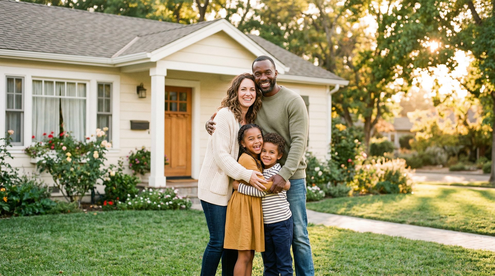 A happy family smiling together in front of their home